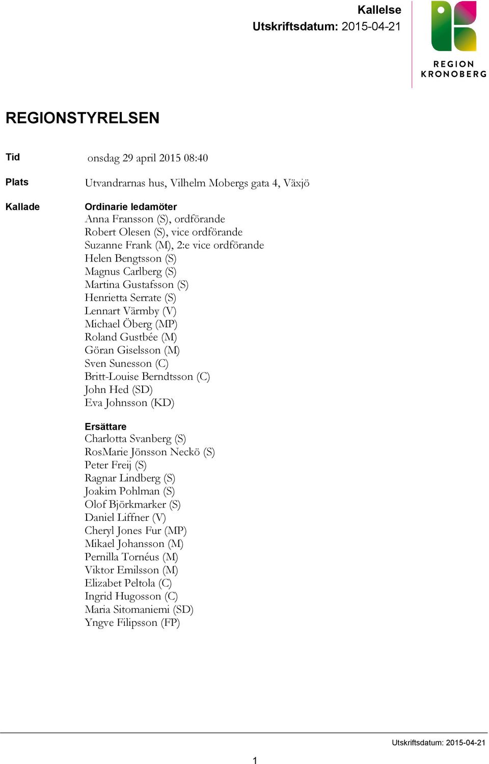 (M) Sven Sunesson (C) Britt-Louise Berndtsson (C) John Hed (SD) Eva Johnsson (KD) Ersättare Charlotta Svanberg (S) RosMarie Jönsson Neckö (S) Peter Freij (S) Ragnar Lindberg (S) Joakim Pohlman (S)