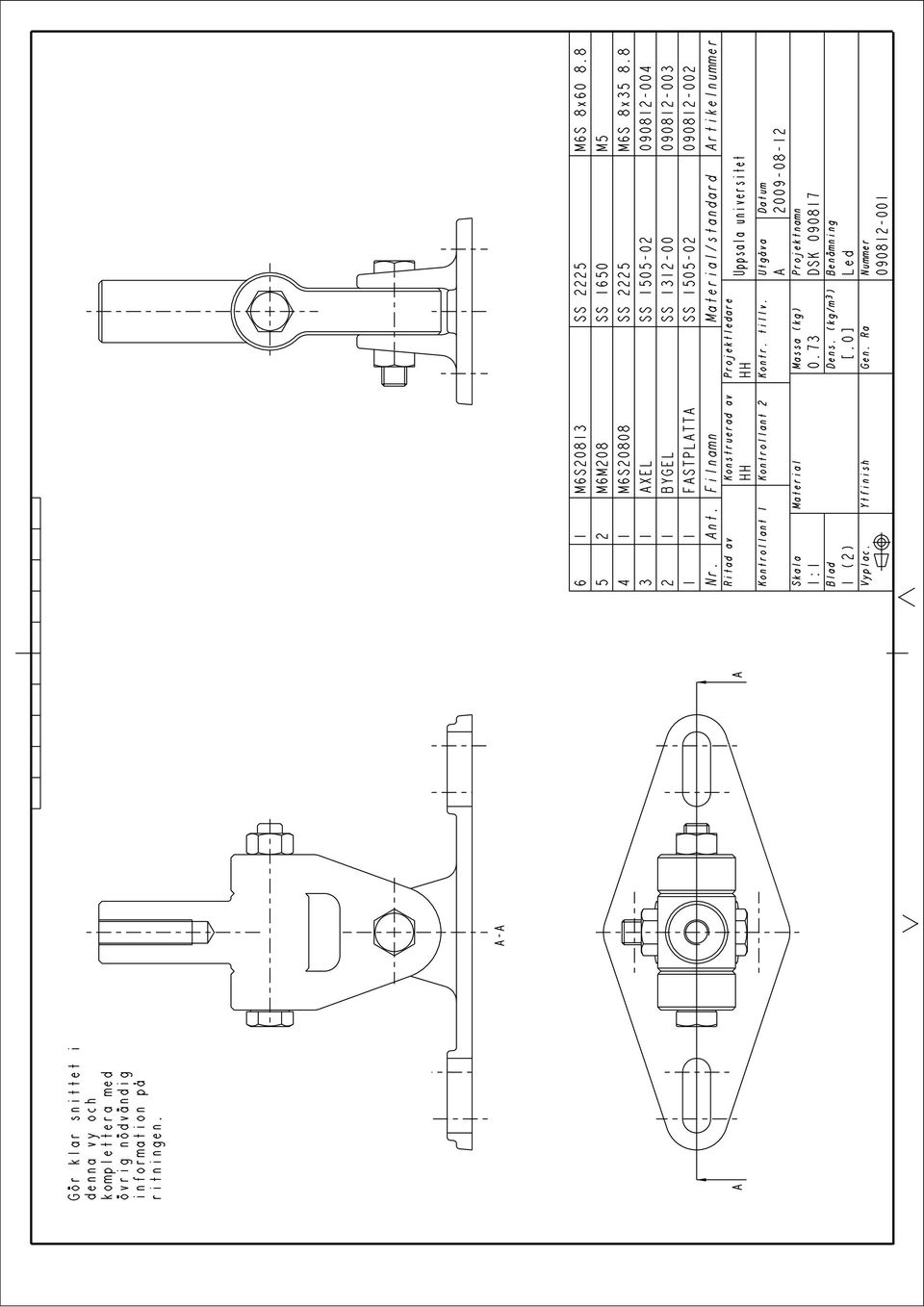 Filnamn Ritad av Konstruerad av Kontrollant 1 Kontrollant 2 Skala Material 1:1 1 (2) Vyplac. Ytfinish Kontr. tillv. Massa (kg) 0.73 Dens.