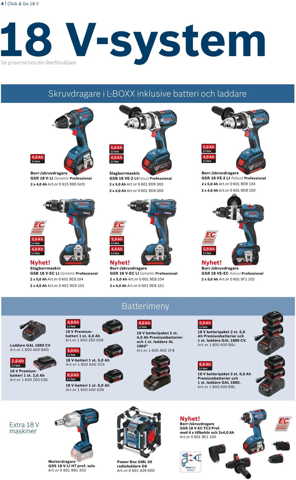 nr 0 601 9D9 103 2 x Art.nr 0 601 9D9 100 Nyhet! Slagborrmaskin GSB 18 V-EC LI Dynamic Professional 2 x Art.nr 0 601 9E9 104 2 x Art.nr 0 601 9E9 101 Nyhet!