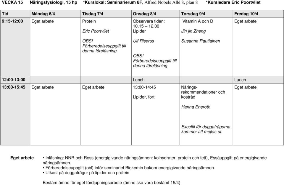 Förberedelseuppgift till denna föreläsning Susanne Rautiainen 12:00-13:00 Lunch Lunch 13:00-15:45 13:00-14:45 Lipider, fort Näringsrekommendationer och kostråd Hanna Eneroth Excelfil för