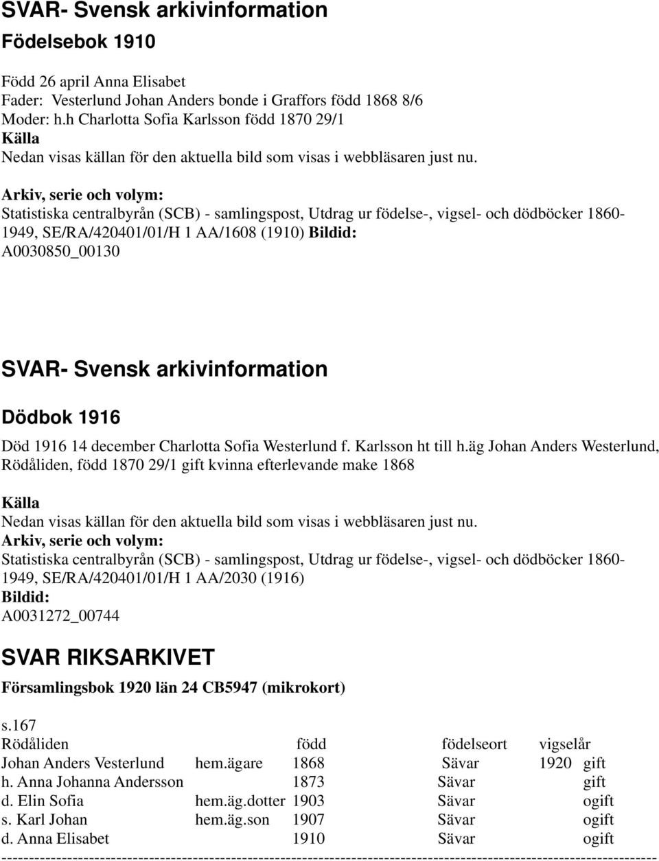 äg Johan Anders Westerlund, Rödåliden, född 1870 29/1 gift kvinna efterlevande make 1868 1949, SE/RA/420401/01/H 1 AA/2030 (1916) A0031272_00744 SVAR RIKSARKIVET Församlingsbok 1920 län 24