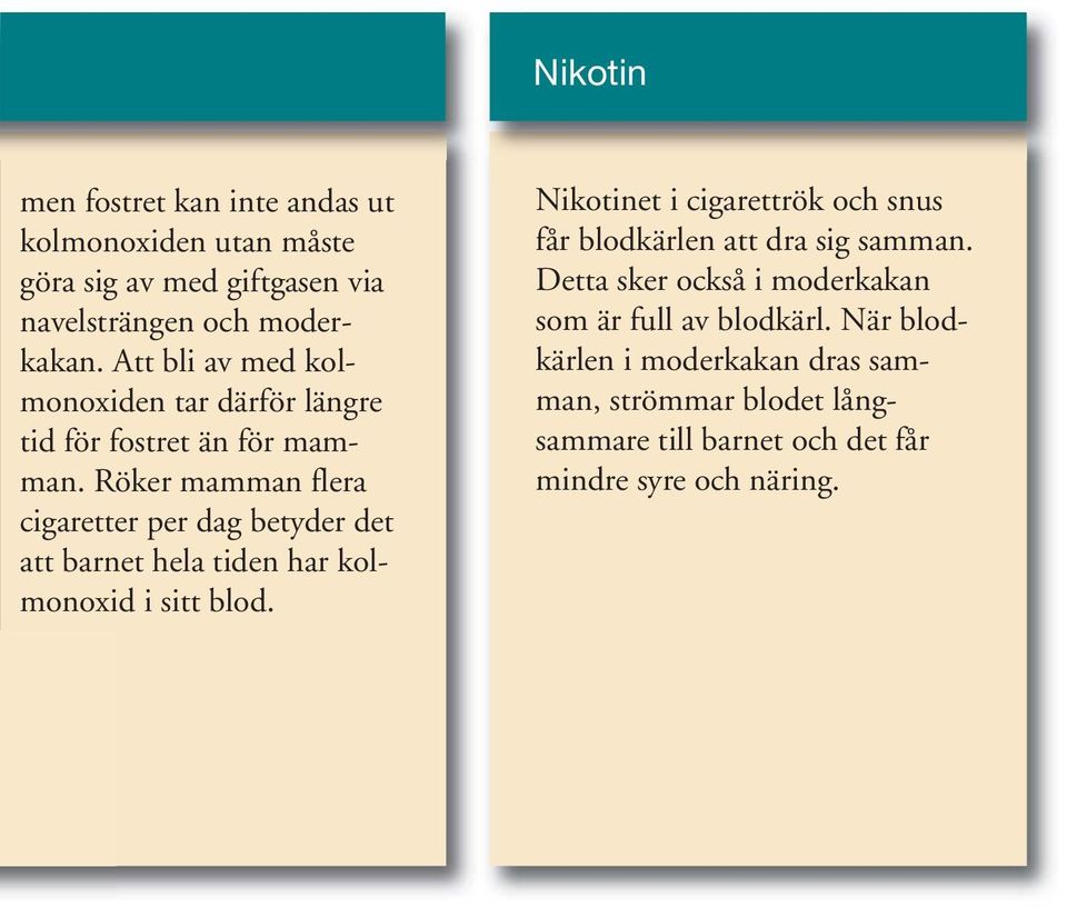 Röker mamman flera cigaretter per dag betyder det att barnet hela tiden har kolmonoxid i sitt blod.