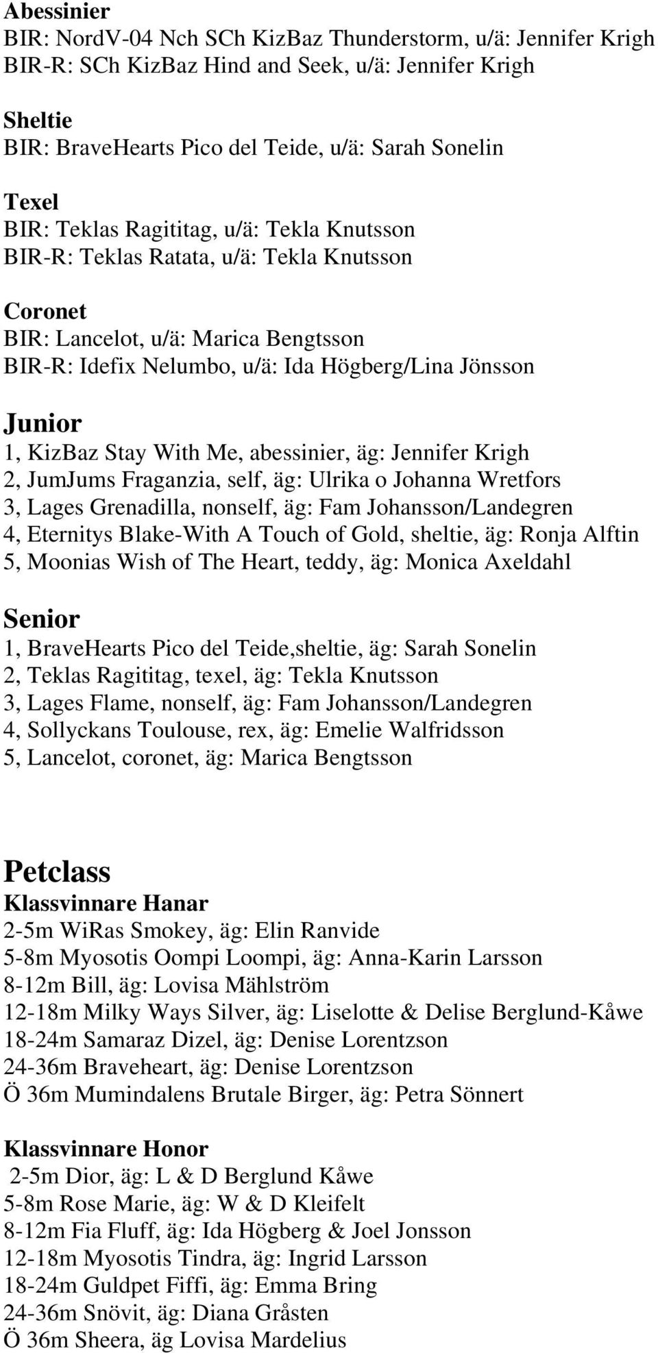 With Me, abessinier, äg: Jennifer Krigh 2, JumJums Fraganzia, self, äg: Ulrika o Johanna Wretfors 3, Lages Grenadilla, nonself, äg: Fam Johansson/Landegren 4, Eternitys Blake-With A Touch of Gold,