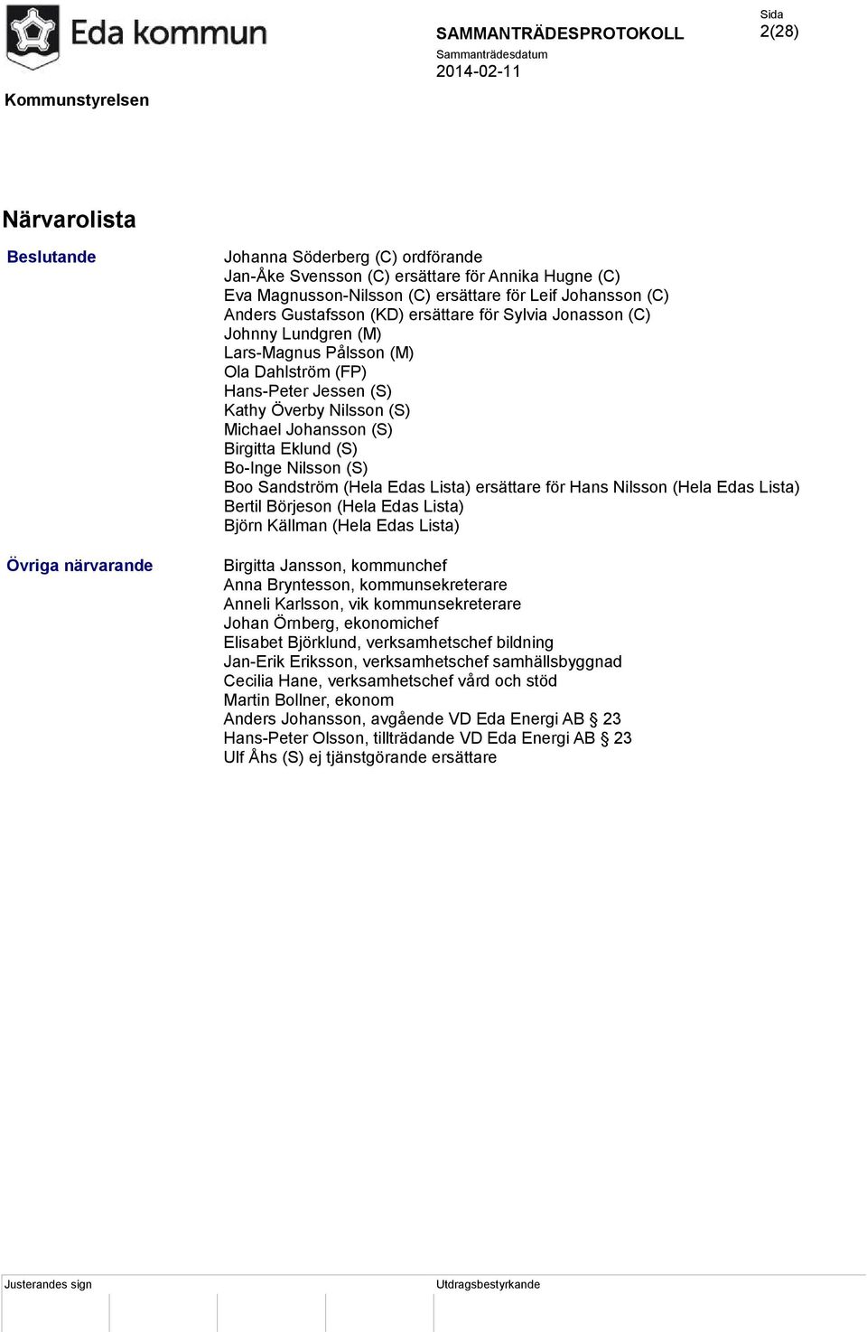 (S) Bo-Inge Nilsson (S) Boo Sandström (Hela Edas Lista) ersättare för Hans Nilsson (Hela Edas Lista) Bertil Börjeson (Hela Edas Lista) Björn Källman (Hela Edas Lista) Birgitta Jansson, kommunchef