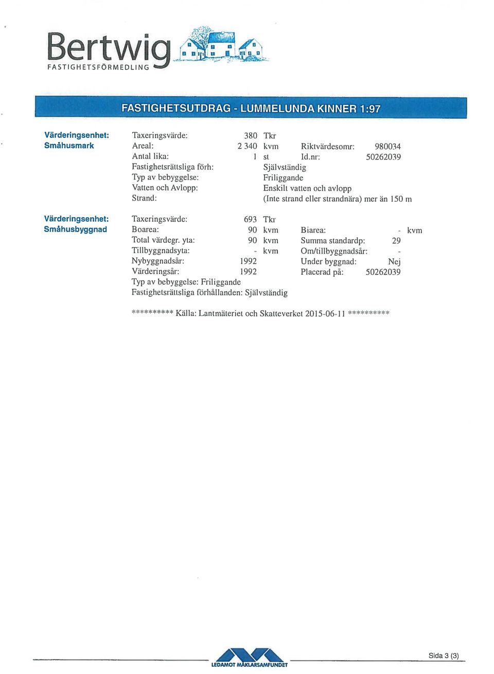 Värderingsenhet: Taxeringsvärde: 693 Tkr Småhusbyggnad Boarea: 90 kvm Biarea: Total värdegr.