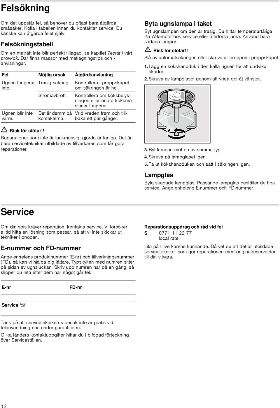 Fel Möjlig orsak Åtgärd/anvisning Ugnen fungerar inte. Ugnen blir inte varm. Trasig säkring. Strömavbrott. Det är damm på kontakterna. Kontrollera i proppskåpet om säkringen är hel.