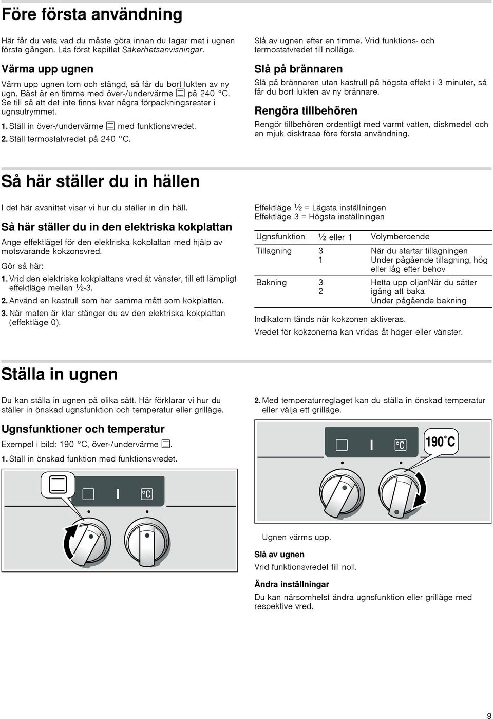 Se till så att det inte finns kvar några förpackningsrester i ugnsutrymmet. 1. Ställ in över-/undervärme % med funktionsvredet. 2. Ställ termostatvredet på 240 C. Slå av ugnen efter en timme.