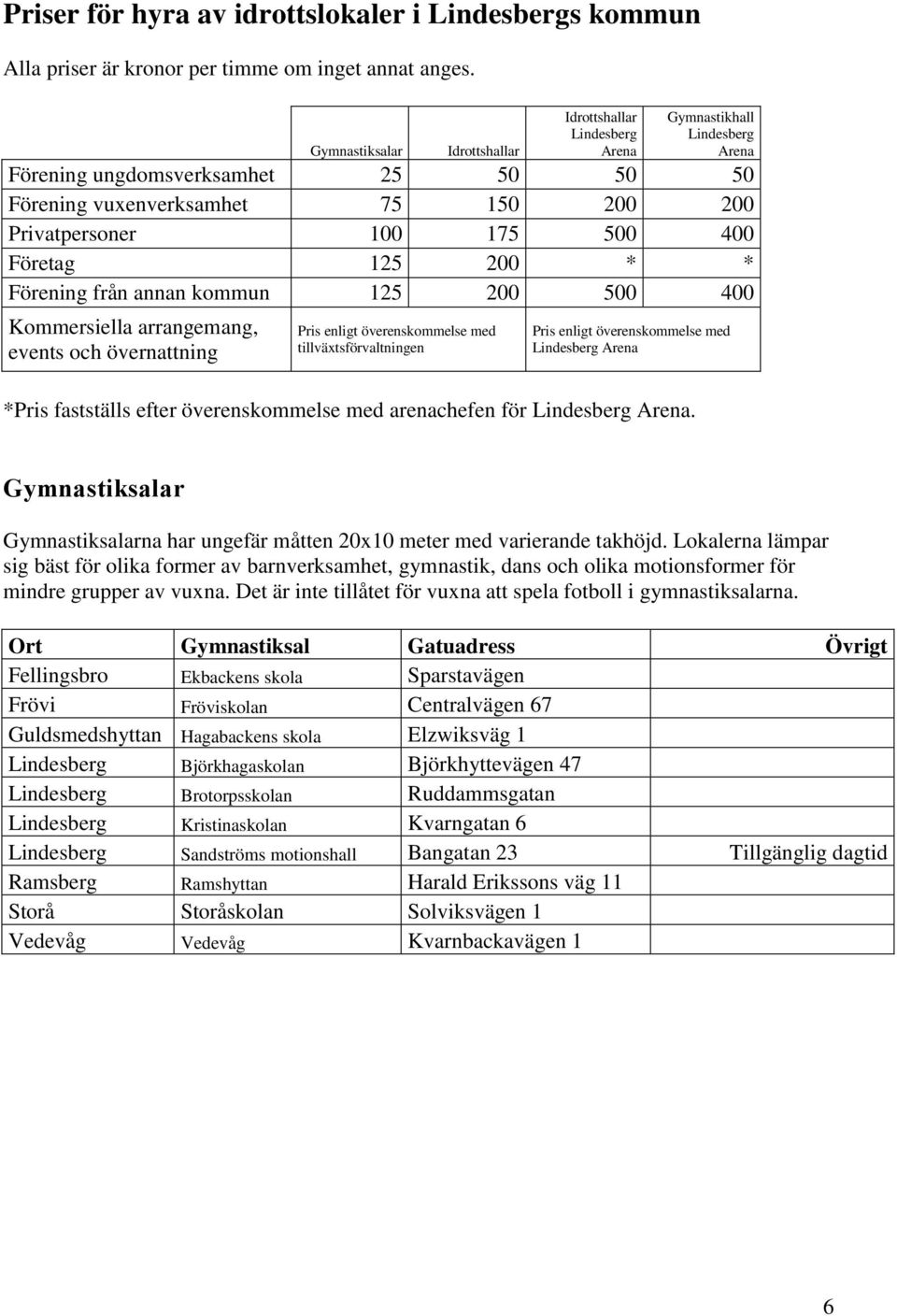 400 Företag 125 200 * * Förening från annan kommun 125 200 500 400 Kommersiella arrangemang, events och övernattning Pris enligt överenskommelse med tillväxtsförvaltningen Pris enligt överenskommelse