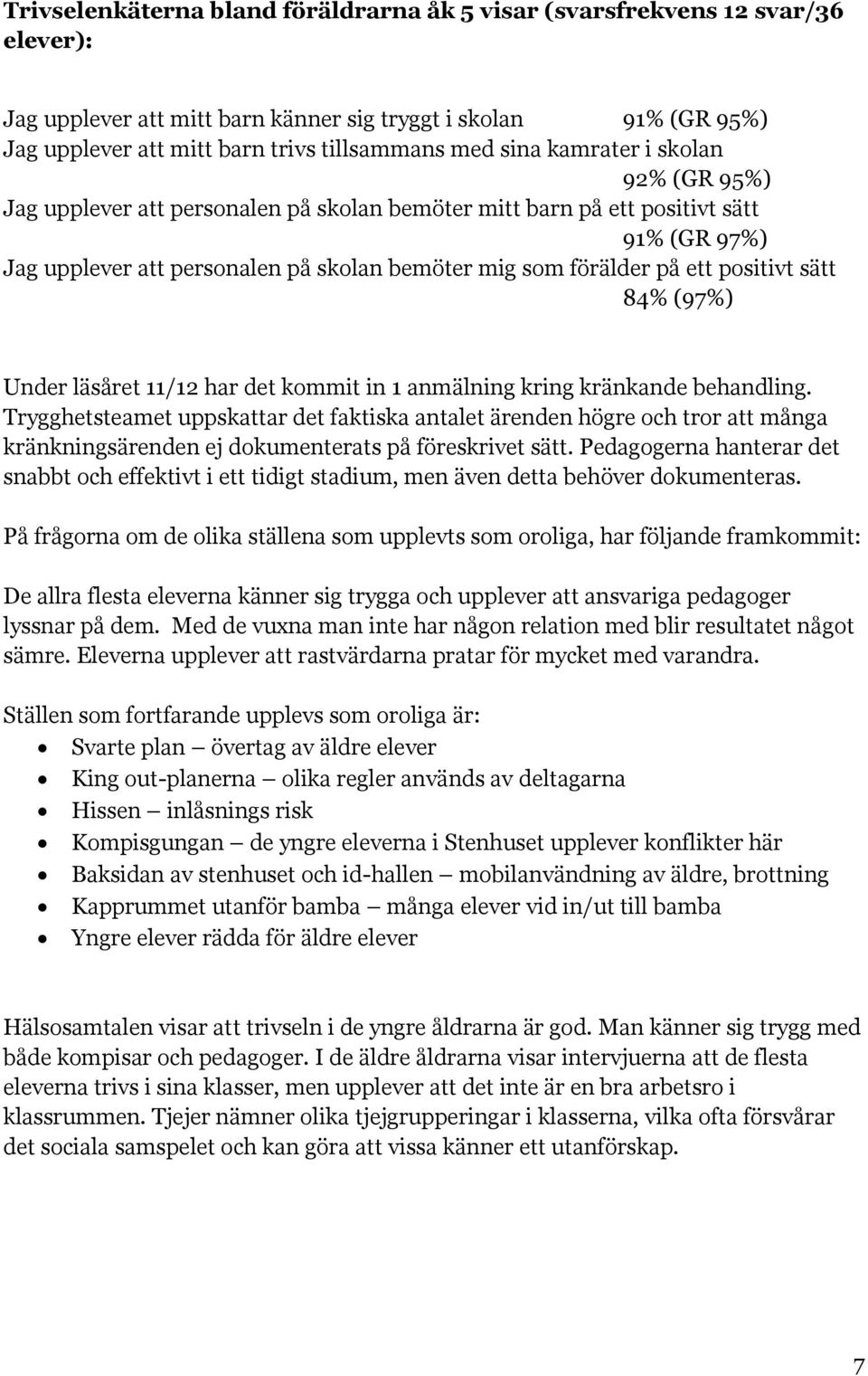 positivt sätt 84% (97%) Under läsåret 11/12 har det kommit in 1 anmälning kring kränkande behandling.