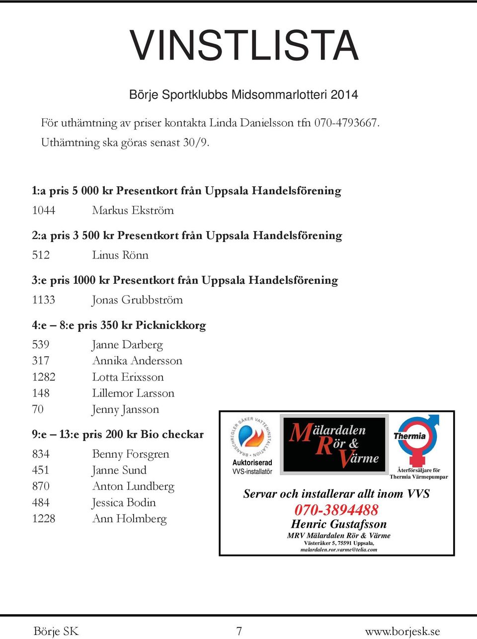 Handelsförening 1133 Jonas Grubbström 4:e 8:e pris 350 kr Picknickkorg 539 Janne Darberg 317 Annika Andersson 1282 Lotta Erixsson 148 Lillemor Larsson 70 Jenny Jansson 9:e 13:e pris 200 kr Bio