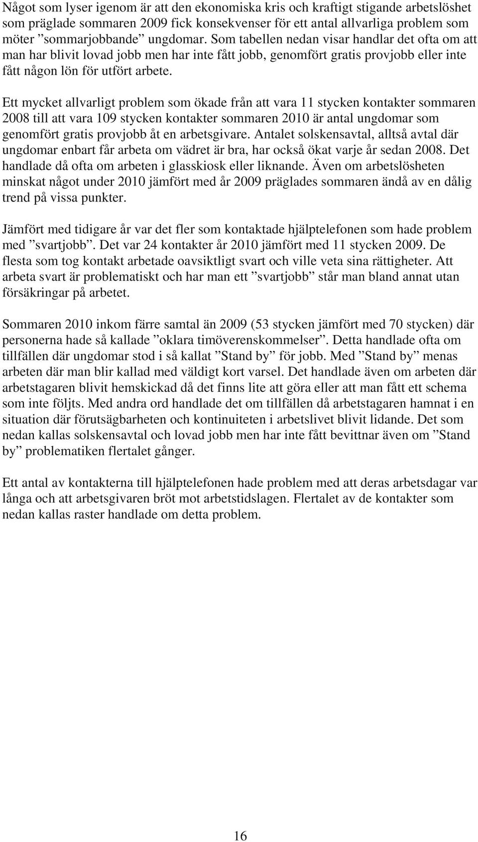 Ett mycket allvarligt problem som ökade från att vara 11 stycken kontakter sommaren 2008 till att vara 109 stycken kontakter sommaren 2010 är antal ungdomar som genomfört gratis provjobb åt en