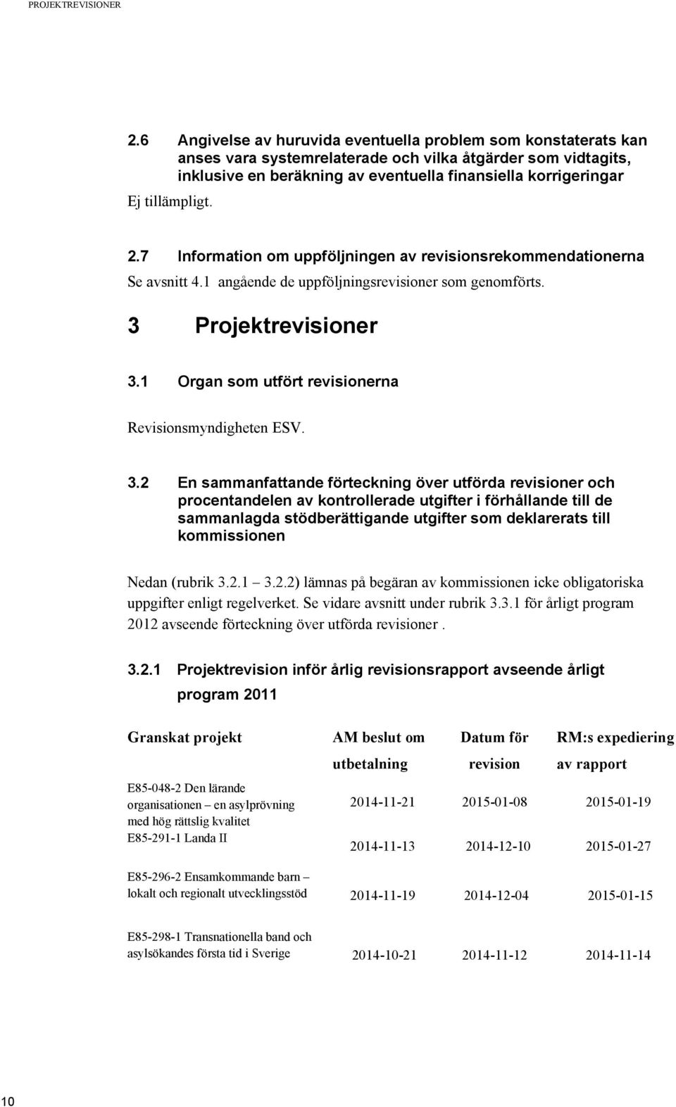 tillämpligt. 2.7 Information om uppföljningen av revisionsrekommendationerna Se avsnitt 4.1 angående de uppföljningsrevisioner som genomförts. 3 Projektrevisioner 3.