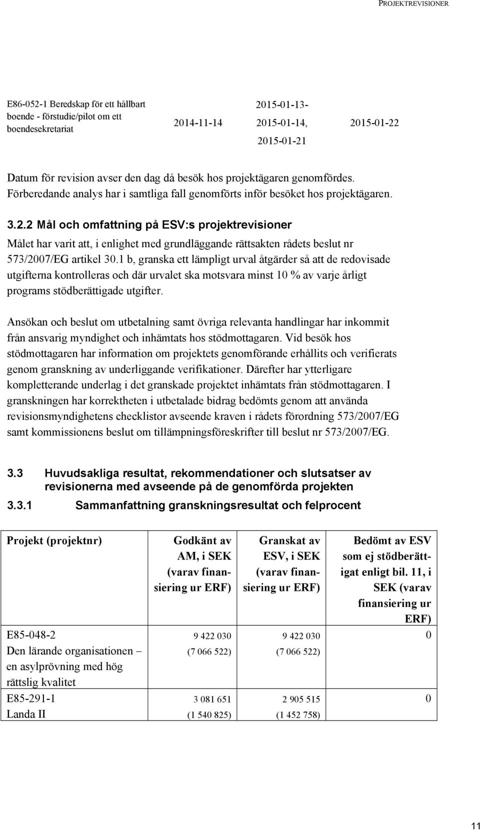 2 Mål och omfattning på ESV:s projektrevisioner Målet har varit att, i enlighet med grundläggande rättsakten rådets beslut nr 573/2007/EG artikel 30.