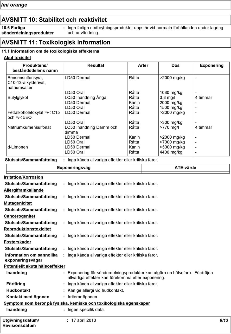 Bensensulfonsyra, LD50 Dermal Råtta >2000 mg/kg C1013alkylderivat, natriumsalter LD50 Oral Råtta 1080 mg/kg Butylglykol LC50 Inandning Ånga Råtta 3.