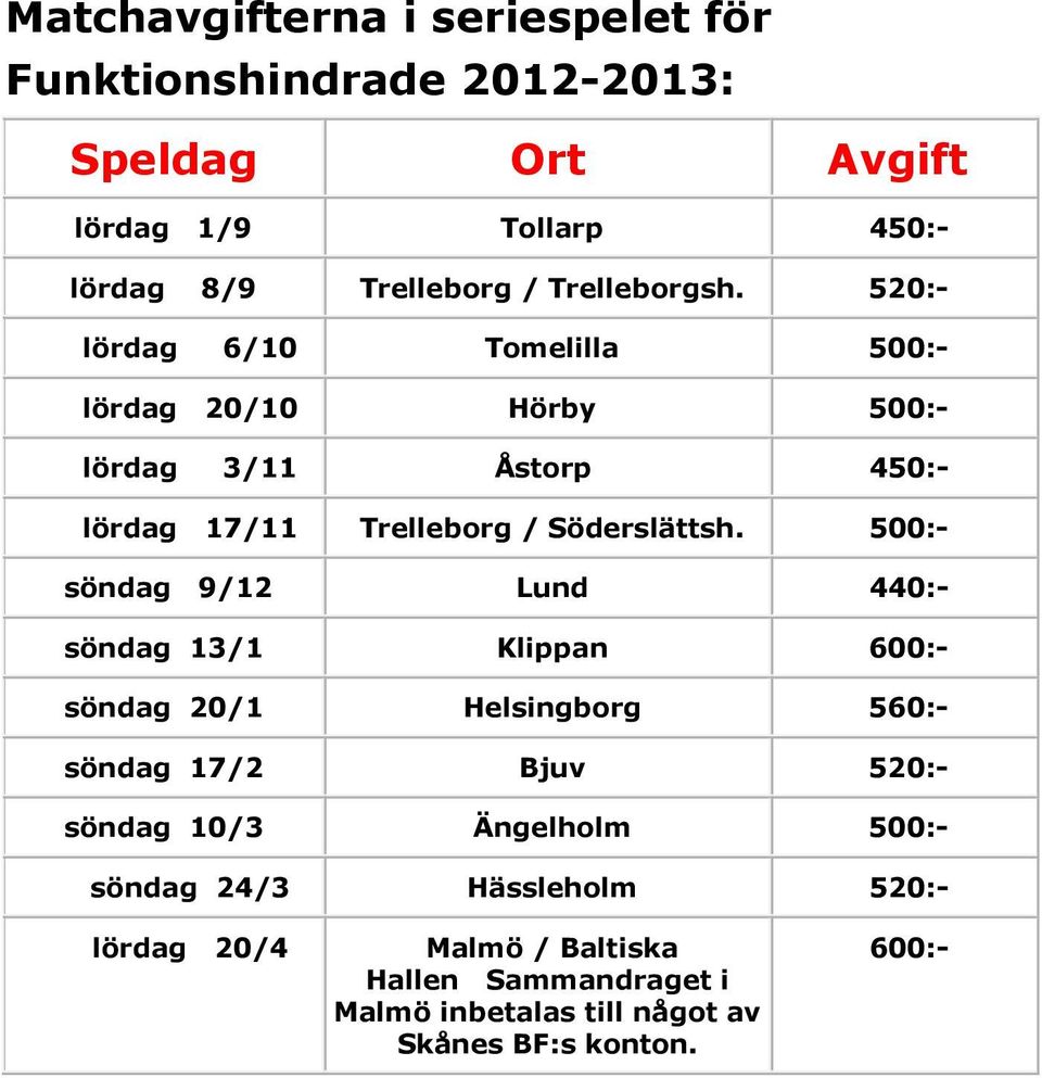 520:- lördag 6/10 Tomelilla 500:- lördag 20/10 Hörby 500:- lördag 3/11 Åstorp 450:- lördag 17/11 Trelleborg / Söderslättsh.