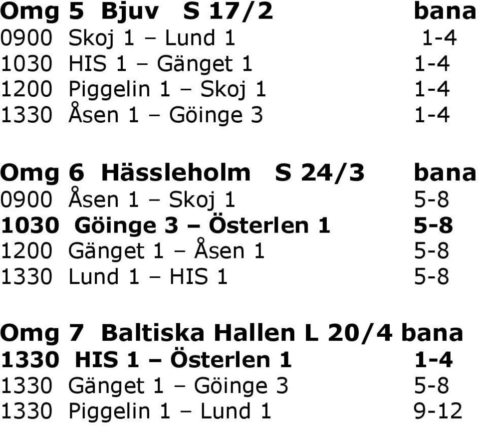 3 Österlen 1 5-8 1200 Gänget 1 Åsen 1 5-8 1330 Lund 1 HIS 1 5-8 Omg 7 Baltiska Hallen L