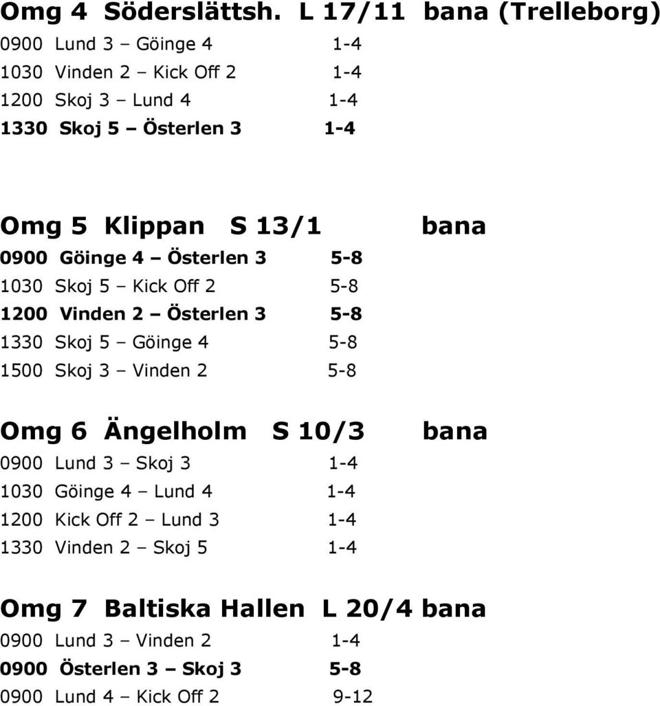 Klippan S 13/1 0900 Göinge 4 Österlen 3 5-8 1030 Skoj 5 Kick Off 2 5-8 1200 Vinden 2 Österlen 3 5-8 1330 Skoj 5 Göinge 4 5-8 1500