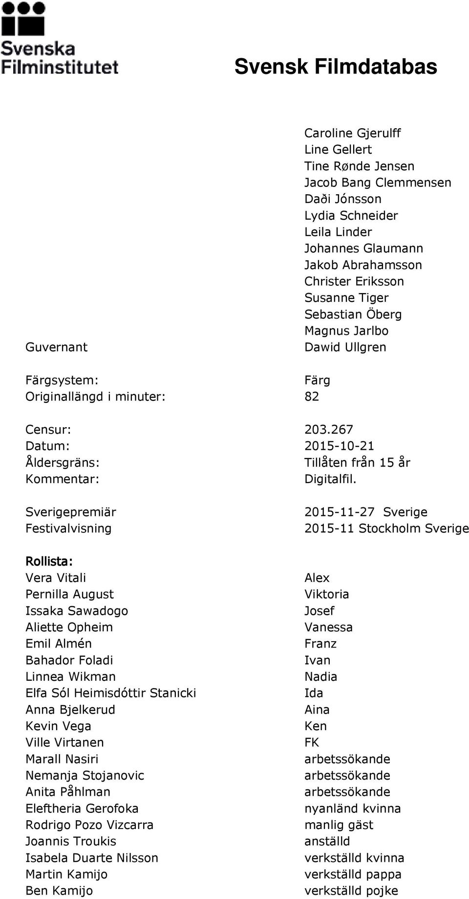 Sverigepremiär Festivalvisning Rollista: Vera Vitali Pernilla August Issaka Sawadogo Aliette Opheim Emil Almén Bahador Foladi Linnea Wikman Elfa Sól Heimisdóttir Stanicki Anna Bjelkerud Kevin Vega