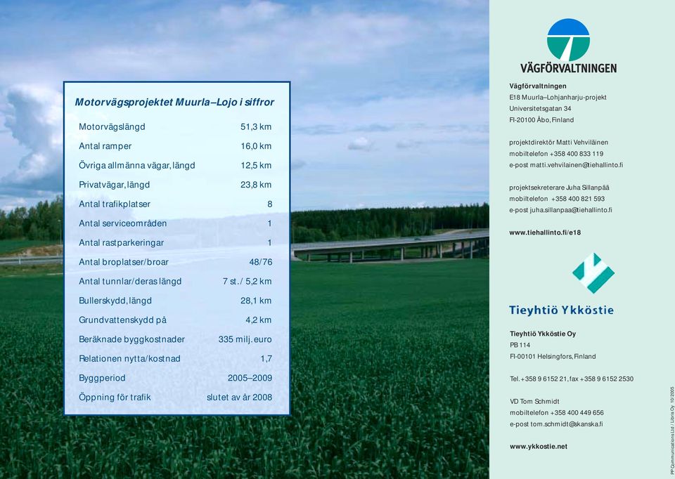 fi Privatvägar, längd 23,8 km Antal trafikplatser 8 Antal serviceområden 1 Antal rastparkeringar 1 projektsekreterare Juha Sillanpää mobiltelefon +358 400 821 593 e-post juha.sillanpaa@tiehallinto.