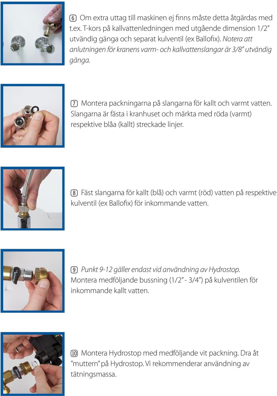 Slangarna är fästa i kranhuset och märkta med röda (varmt) respektive blåa (kallt) streckade linjer.