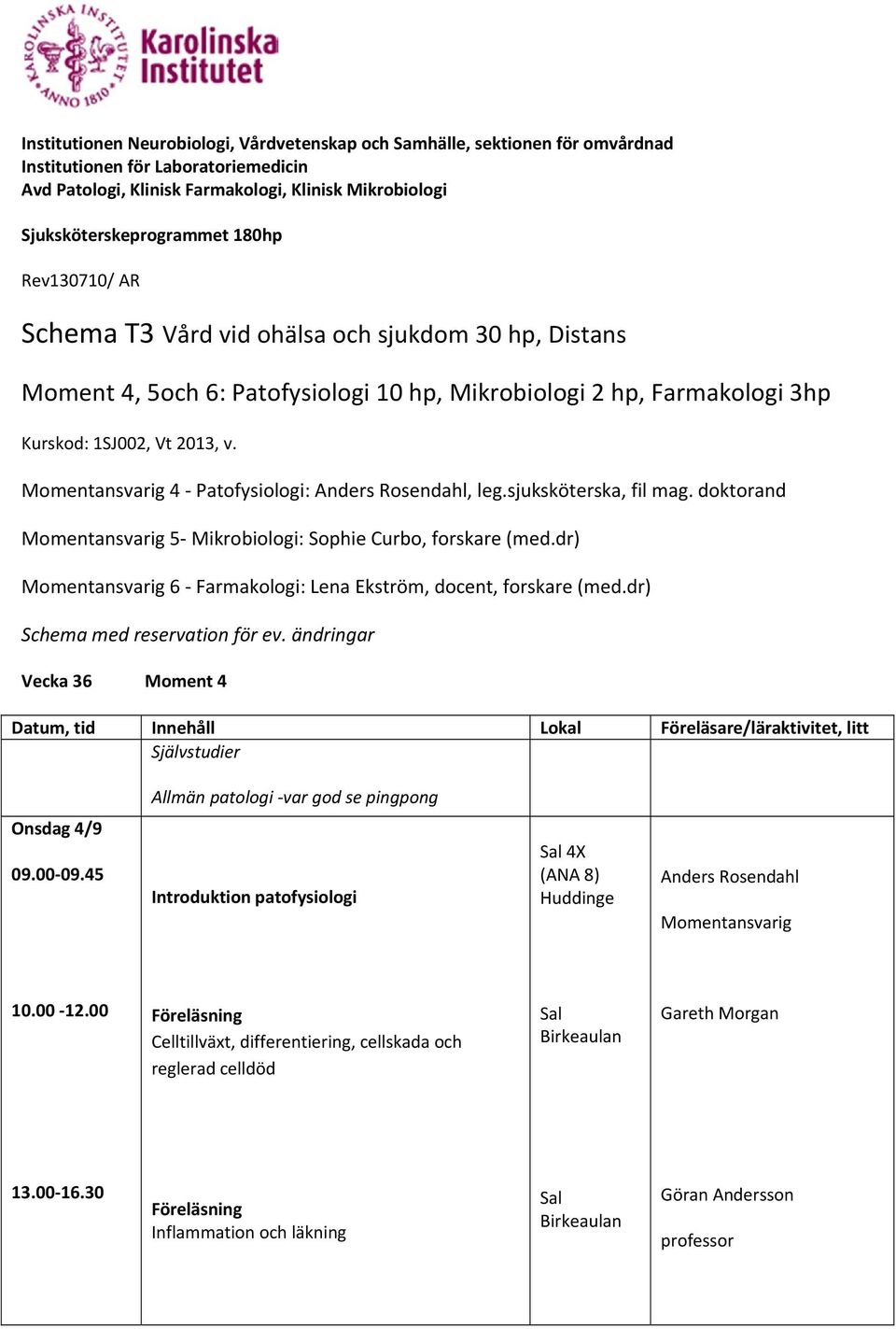 Momentansvarig 4 Patofysiologi: Anders Rosendahl, leg.sjuksköterska, fil mag. doktorand Momentansvarig 5 Mikrobiologi: Sophie Curbo, forskare (med.