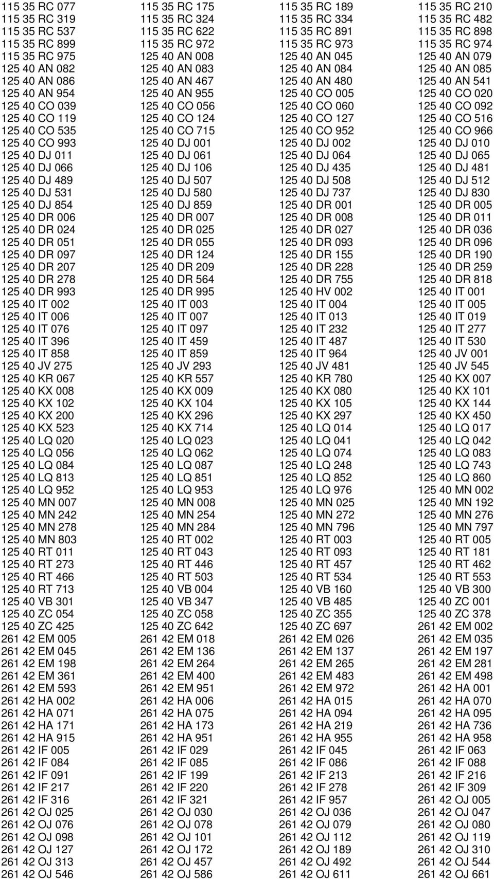 AN 954 125 40 AN 955 125 40 CO 005 125 40 CO 020 125 40 CO 039 125 40 CO 056 125 40 CO 060 125 40 CO 092 125 40 CO 119 125 40 CO 124 125 40 CO 127 125 40 CO 516 125 40 CO 535 125 40 CO 715 125 40 CO