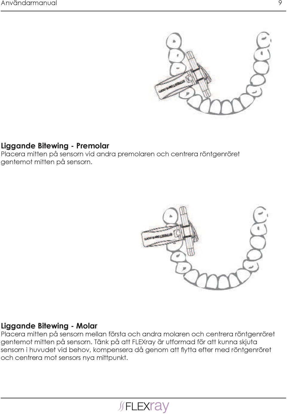 Liggande Bitewing - Molar Placera mitten på sensorn mellan första och andra molaren  Tänk på