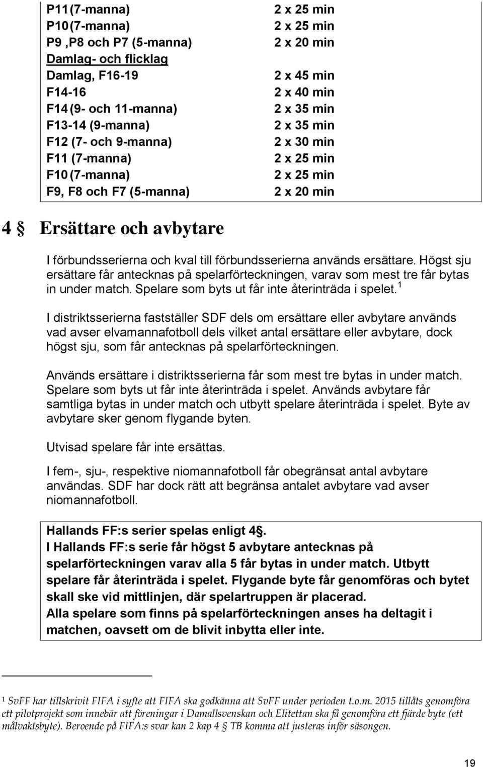 förbundsserierna används ersättare. Högst sju ersättare får antecknas på spelarförteckningen, varav som mest tre får bytas in under match. Spelare som byts ut får inte återinträda i spelet.