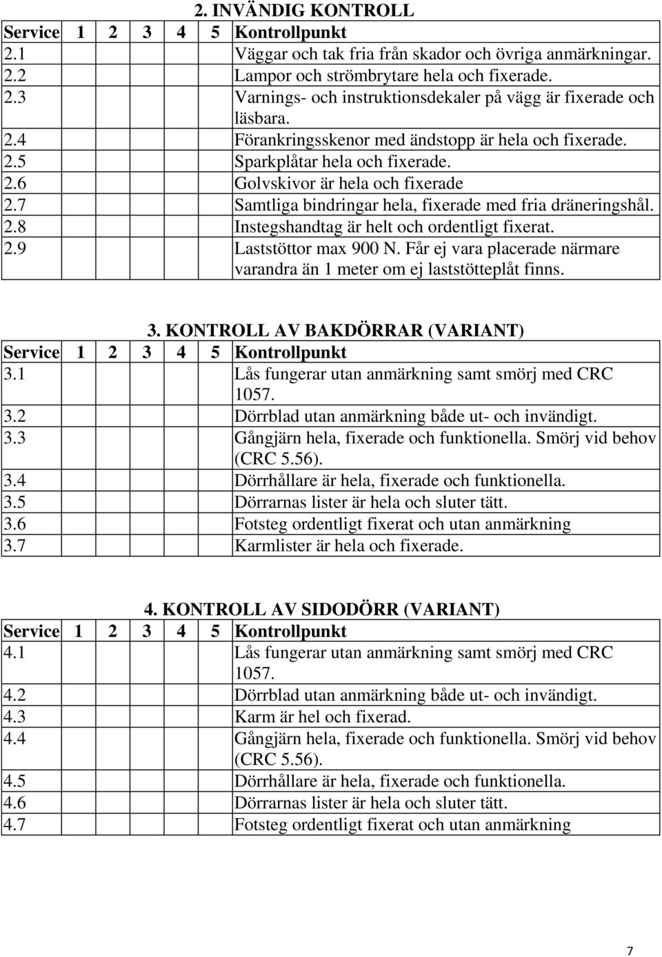 2.9 Laststöttor max 900 N. Får ej vara placerade närmare varandra än 1 meter om ej laststötteplåt finns. 3. KONTROLL AV BAKDÖRRAR (VARIANT) Service 1 2 3 4 5 Kontrollpunkt 3.
