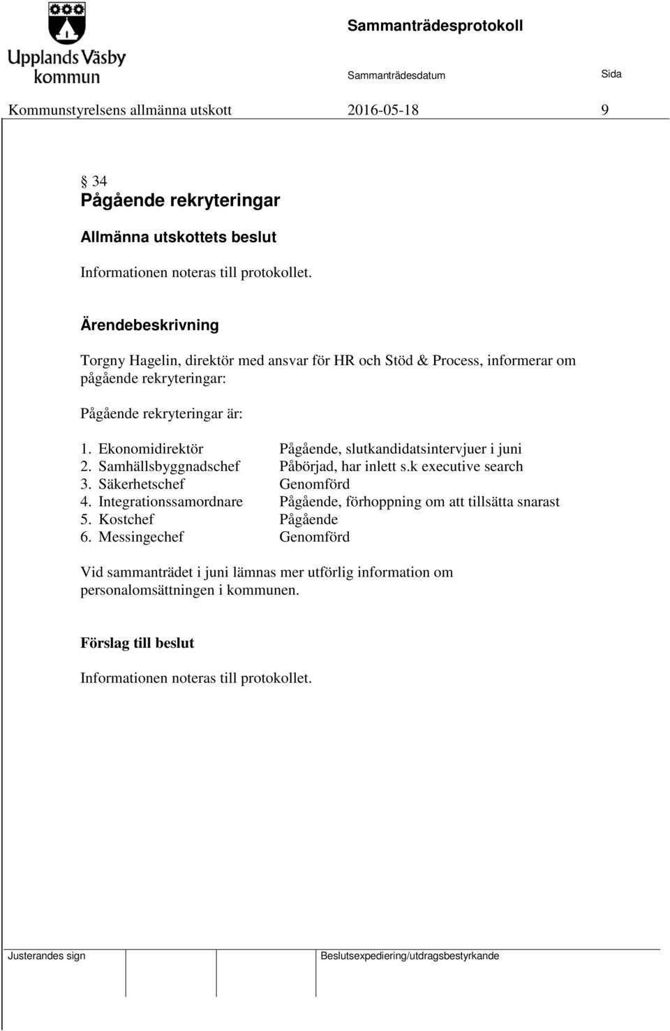 Ekonomidirektör Pågående, slutkandidatsintervjuer i juni 2. Samhällsbyggnadschef Påbörjad, har inlett s.k executive search 3. Säkerhetschef Genomförd 4.