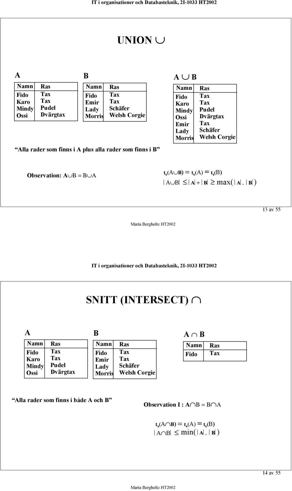 = t s () = t s (B) B + B max(, B ) 1 av 55 SNITT (INTERSECT) Fido Karo Mindy Ossi Ras Pudel Dvärgtax B Fido Emir Lady Morris Ras