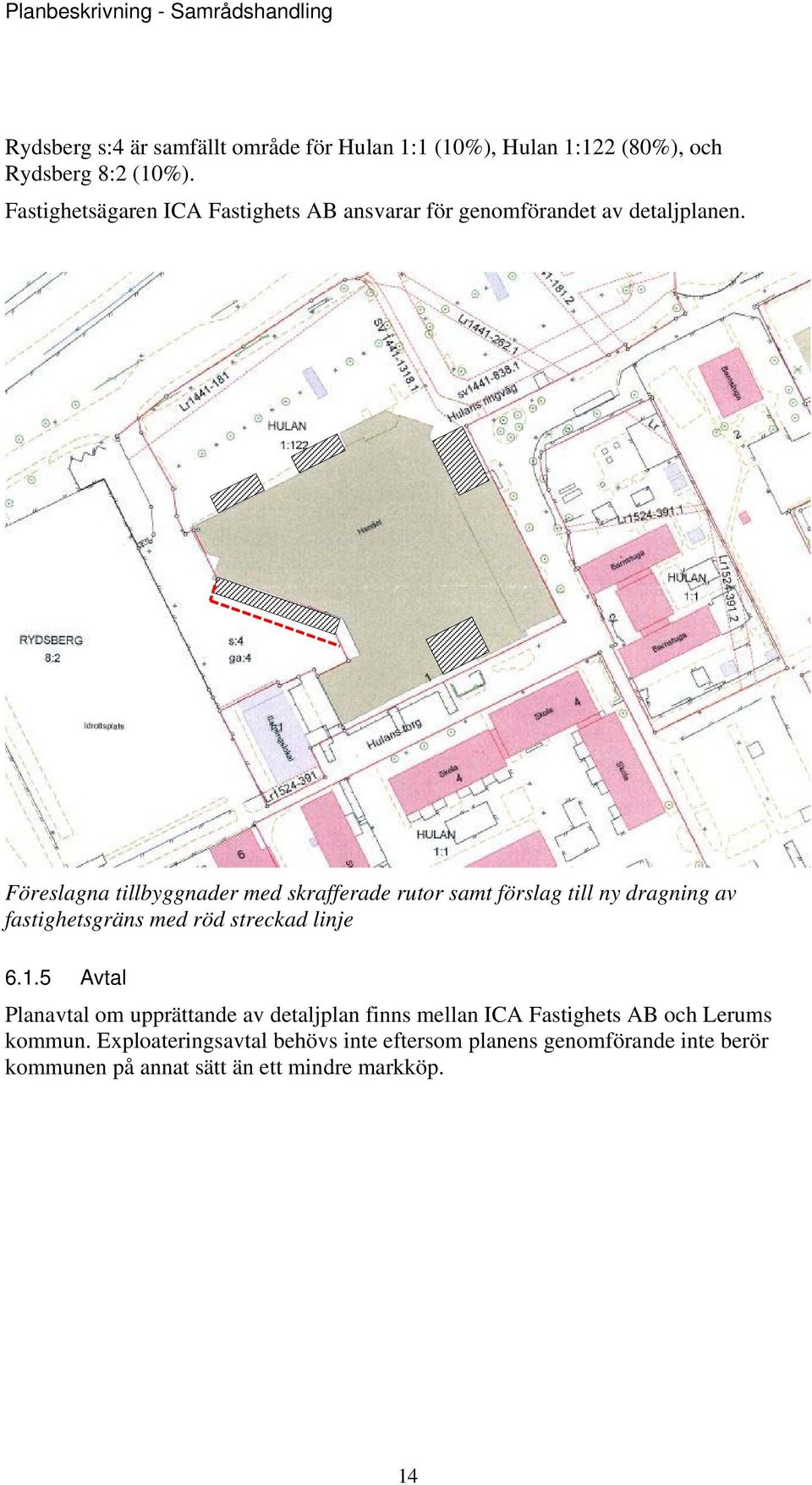 Föreslagna tillbyggnader med skrafferade rutor samt förslag till ny dragning av fastighetsgräns med röd streckad linje 6.1.