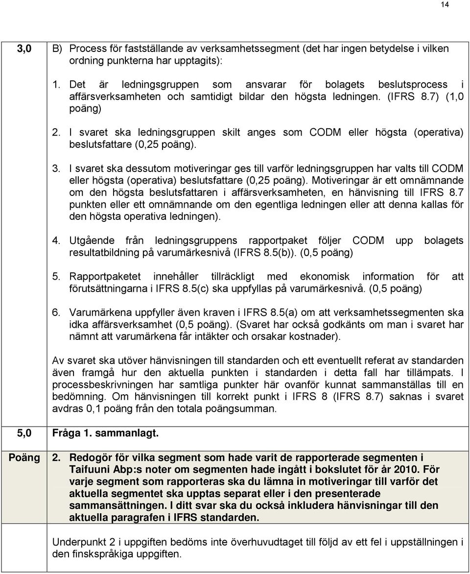 I svaret ska ledningsgruppen skilt anges som CODM eller högsta (operativa) beslutsfattare (0,25 poäng). 3.