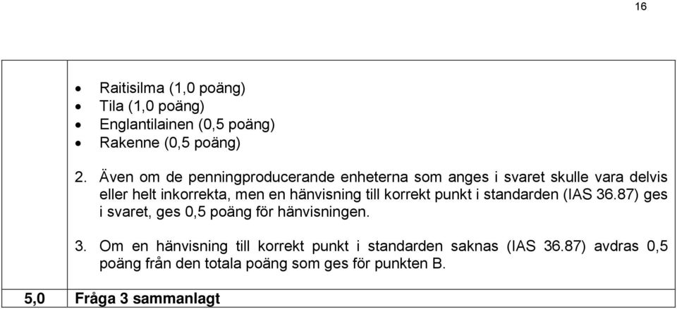 hänvisning till korrekt punkt i standarden (IAS 36.87) ges i svaret, ges 0,5 poäng för hänvisningen. 3. Om en hänvisning till korrekt punkt i standarden saknas (IAS 36.