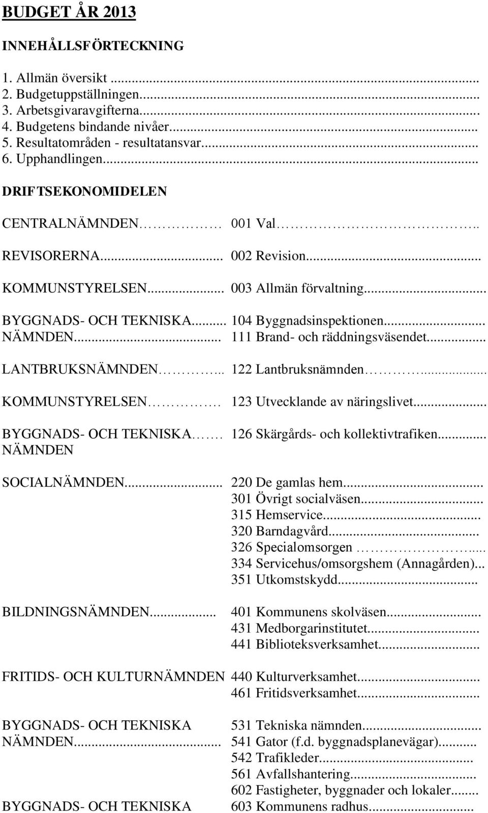 .. 111 Brand- och räddningsväsendet... LANTBRUKSNÄMNDEN... 122 Lantbruksnämnden... KOMMUNSTYRELSEN. 123 Utvecklande av näringslivet... BYGGNADS- OCH TEKNISKA. 126 Skärgårds- och kollektivtrafiken.