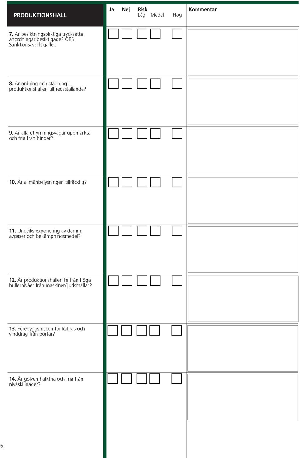 Är allmänbelysningen tillräcklig? 11. Undviks exponering av damm, avgaser och bekämpningsmedel? 12.