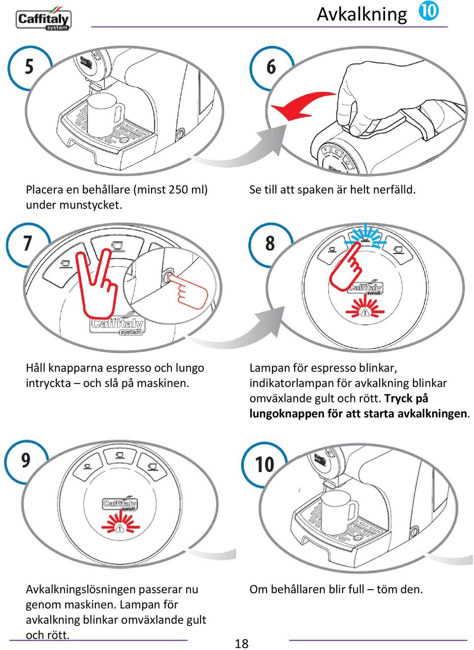 Lampan för espresso blinkar, indikatorlampan för avkalkning blinkar omväxlande gult och rött.