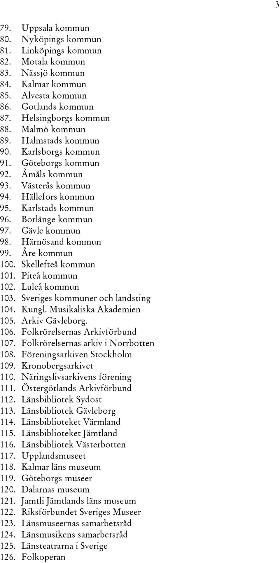 Åre kommun 100. Skellefteå kommun 101. Piteå kommun 102. Luleå kommun 103. Sveriges kommuner och landsting 104. Kungl. Musikaliska Akademien 105. Arkiv Gävleborg. 106.
