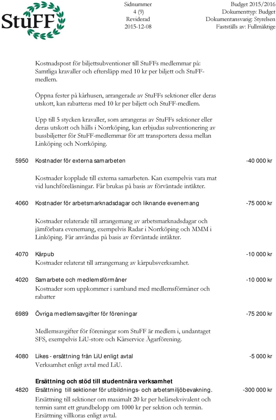 Upp till 5 stycken kravaller, som arrangeras av StuFFs sektioner eller deras utskott och hålls i Norrköping, kan erbjudas subventionering av bussbiljetter för StuFF-medlemmar för att transportera