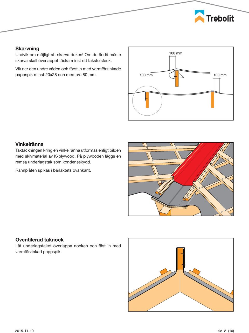 100 mm 100 mm 100 mm Vinkelränna Taktäckningen kring en vinkelränna utformas enligt bilden med skivmaterial av K-plywood.