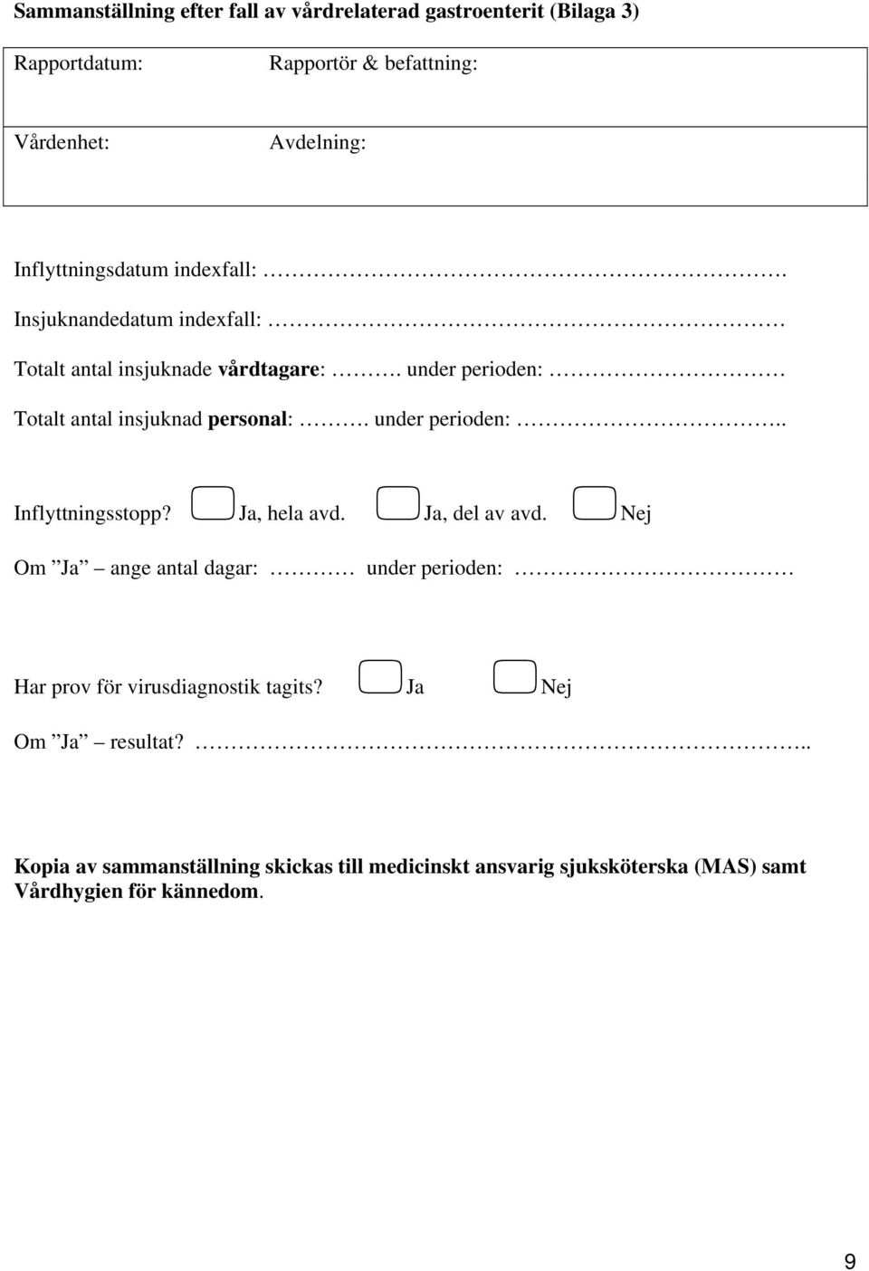 under perioden: Totalt antal insjuknad personal:. under perioden:.. Inflyttningsstopp? Ja, hela avd. Ja, del av avd.