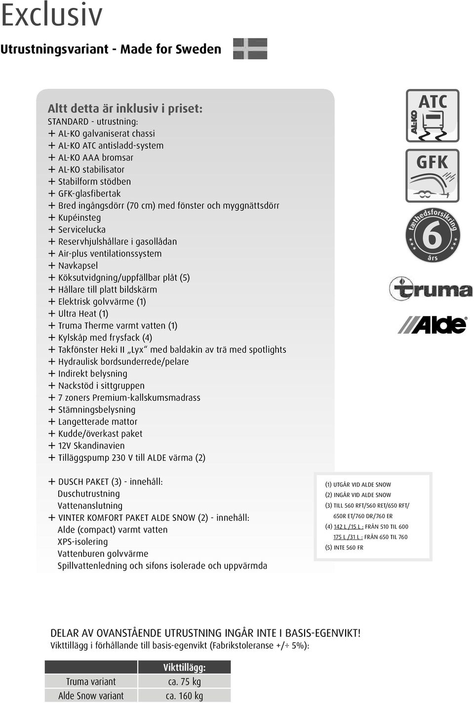 Köksutvidgning/uppfällbar plåt (5) ª Hållare till platt bildskärm ª Elektrisk golvvärme () ª Ultra Heat () ª Truma Therme varmt vatten () ª Kylskåp med frysfack (4) ª Takfönster Heki II Lyx med