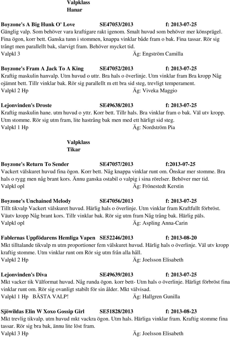 Valpkl 3 Äg: Engström Camilla Boyzone's Fram A Jack To A King SE47052/2013 f: 2013-07-25 Kraftig maskulin hanvalp. Utm huvud o uttr. Bra hals o överlinje. Utm vinklar fram Bra kropp Någ ojämnt bett.