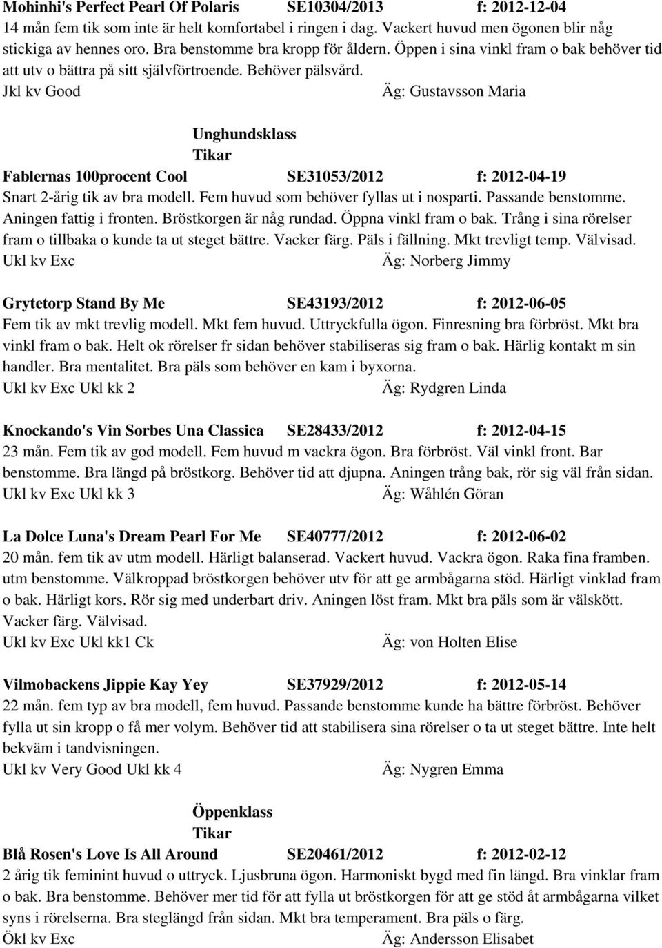Jkl kv Good Äg: Gustavsson Maria Unghundsklass Fablernas 100procent Cool SE31053/2012 f: 2012-04-19 Snart 2-årig tik av bra modell. Fem huvud som behöver fyllas ut i nosparti. Passande benstomme.