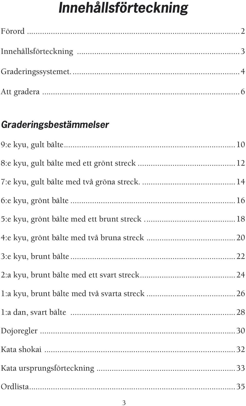 ..16 5:e kyu, grönt bälte med ett brunt streck...18 4:e kyu, grönt bälte med två bruna streck...20 3:e kyu, brunt bälte.