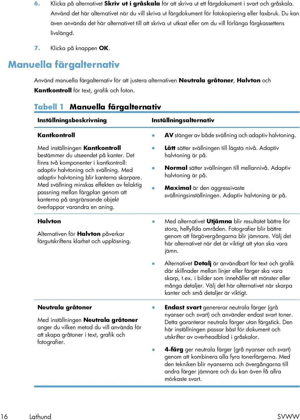 Manuella färgalternativ Använd manuella färgalternativ för att justera alternativen Neutrala gråtoner, Halvton och Kantkontroll för text, grafik och foton.