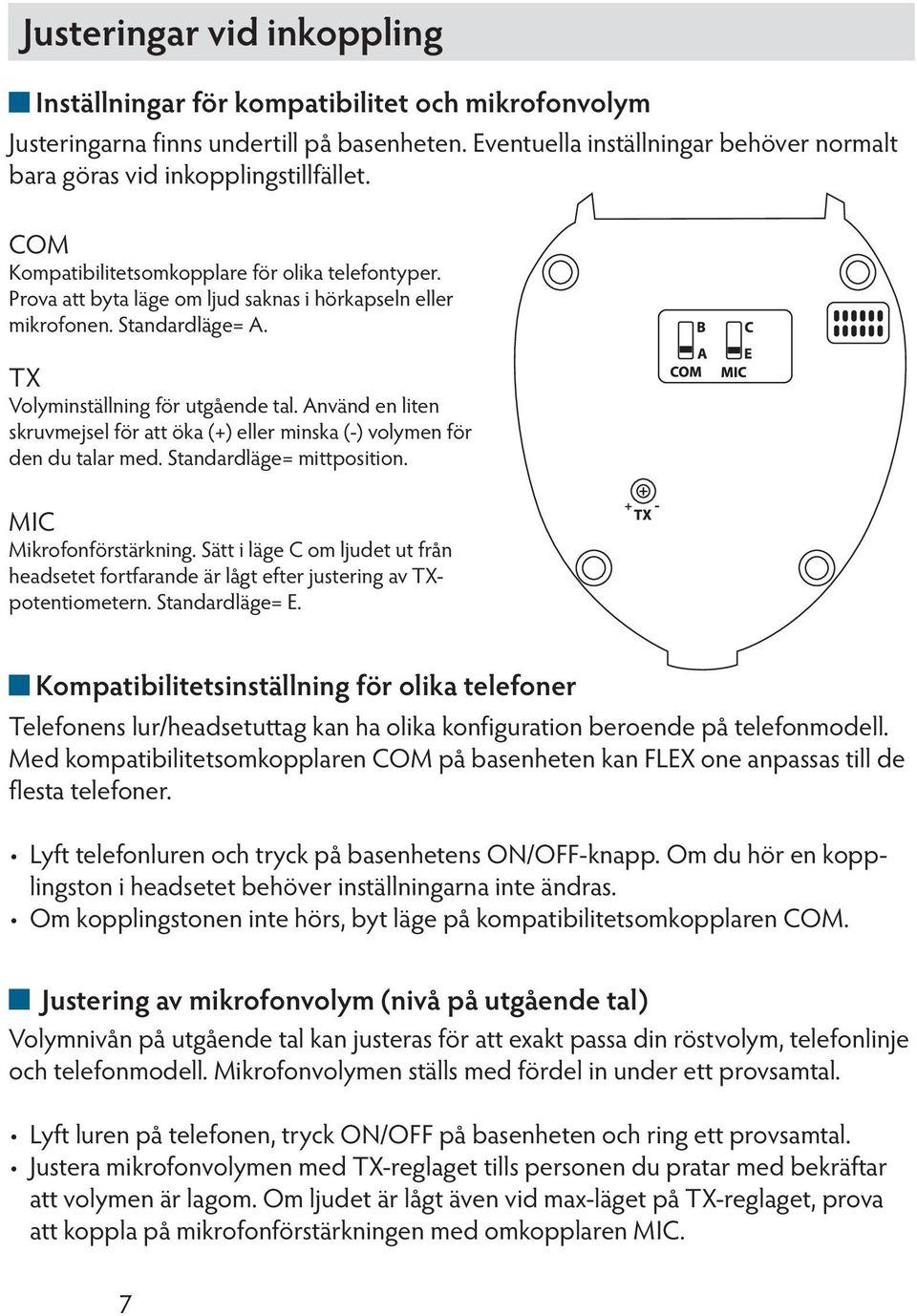 Standardläge= A. TX Volyminställning för utgående tal. Använd en liten skruvmejsel för att öka (+) eller minska (-) volymen för den du talar med. Standardläge= mittposition. MIC Mikrofonförstärkning.