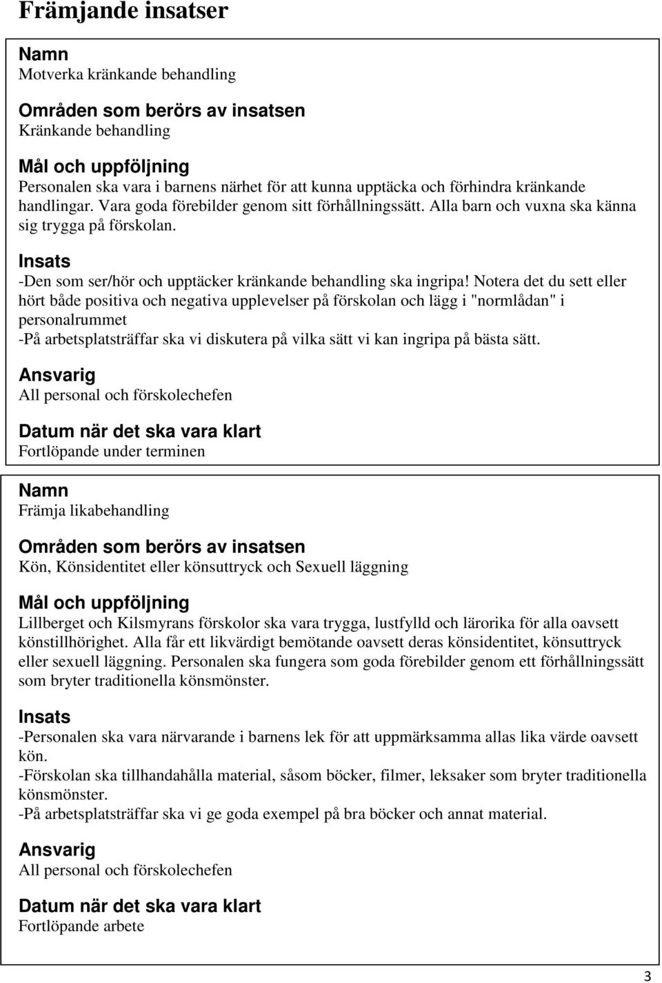 Notera det du sett eller hört både positiva och negativa upplevelser på förskolan och lägg i "normlådan" i personalrummet -På arbetsplatsträffar ska vi diskutera på vilka sätt vi kan ingripa på bästa