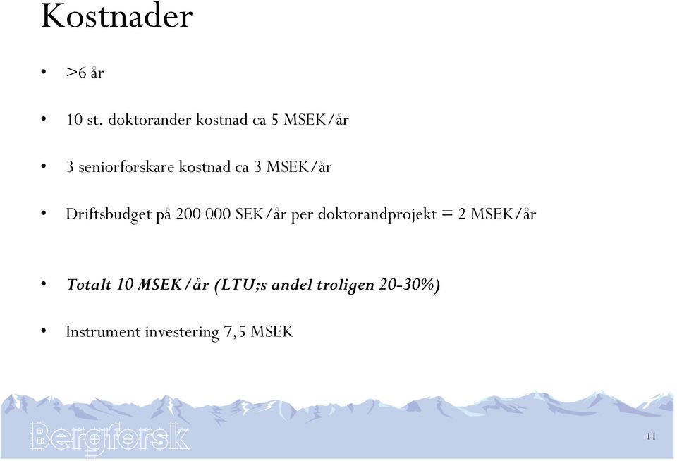 ca 3 MSEK/år Driftsbudget på 200 000 SEK/år per