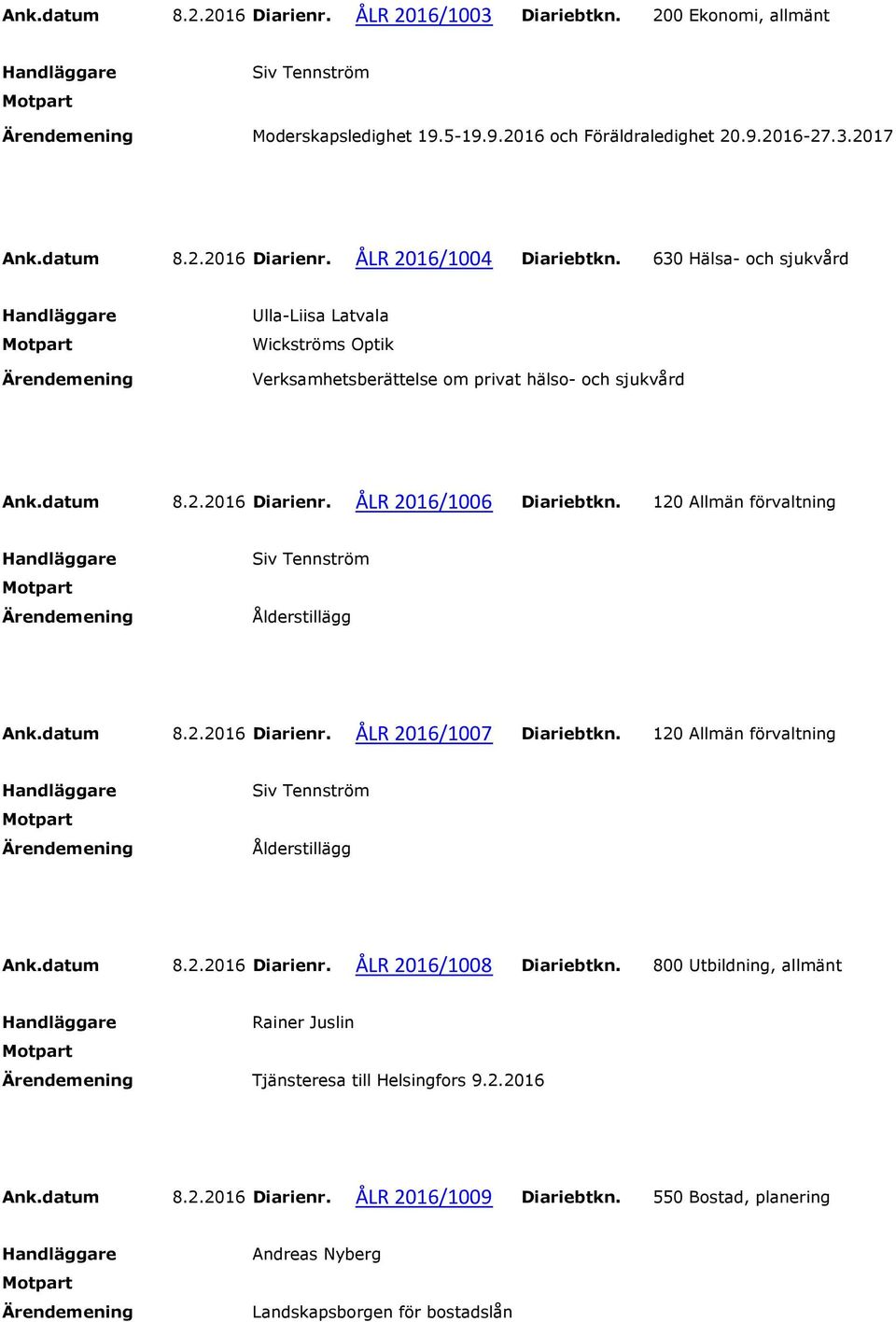 120 Allmän förvaltning Siv Tennström Ålderstillägg Ank.datum 8.2.2016 Diarienr. ÅLR 2016/1007 Diariebtkn. 120 Allmän förvaltning Siv Tennström Ålderstillägg Ank.datum 8.2.2016 Diarienr. ÅLR 2016/1008 Diariebtkn.